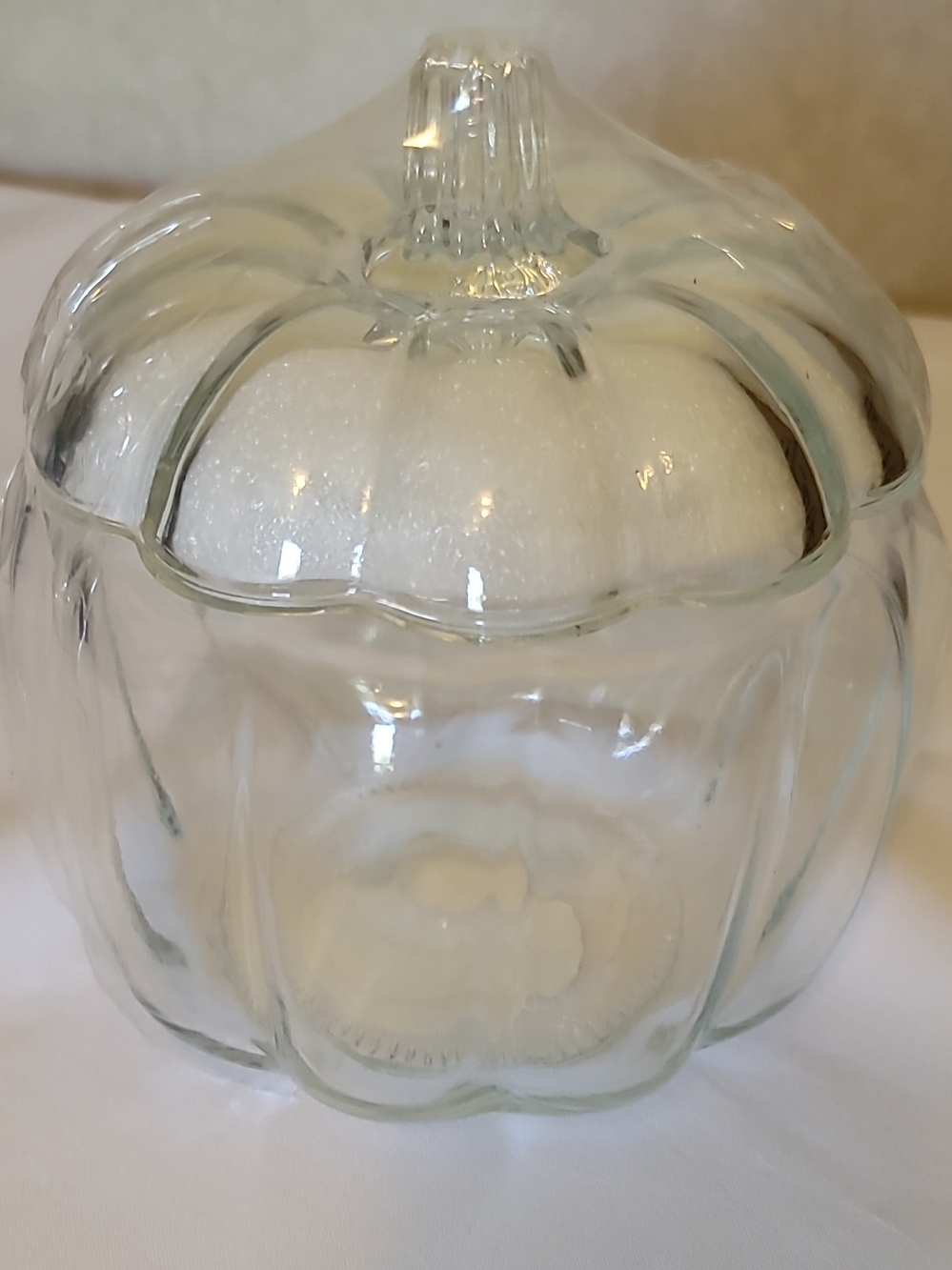 Clear Glass Pumpkin Jar with White Faux Pumpkin Accent